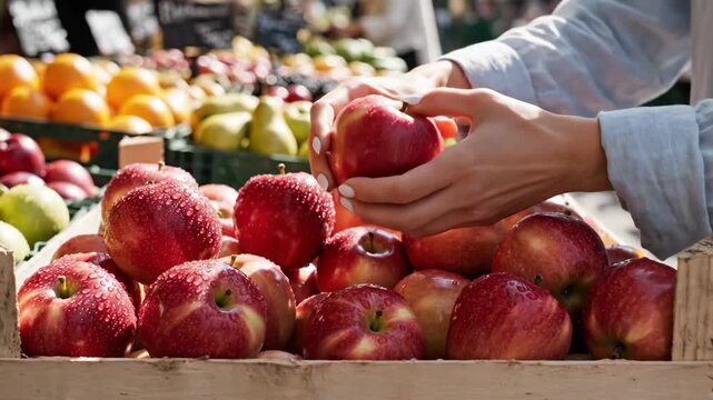 Selecting fresh apples at outdoor market stall on a sunny day