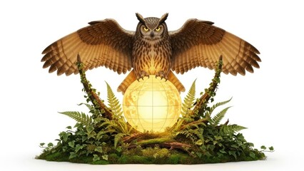A great horned owl with spread wings atop a globe, surrounded by foliage and light