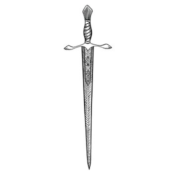 Medieval sword vector illustration on a white background. Sketch of knightly weapons. Black and white. For design and print.