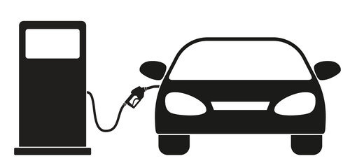 Black silhouette of a car filling up with gasoline at a gas station. Fuel service station. Vector illustration isolated on a white background