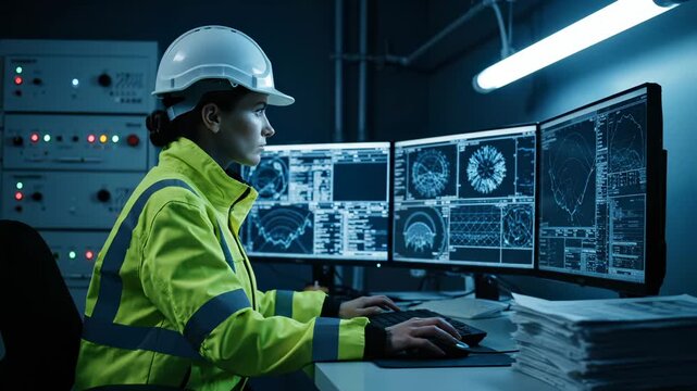 Female engineer monitors computer data in control room. Woman technician analyzes monitor screens at workstation. Engineer operates computer system. Technician monitors industrial data displays.