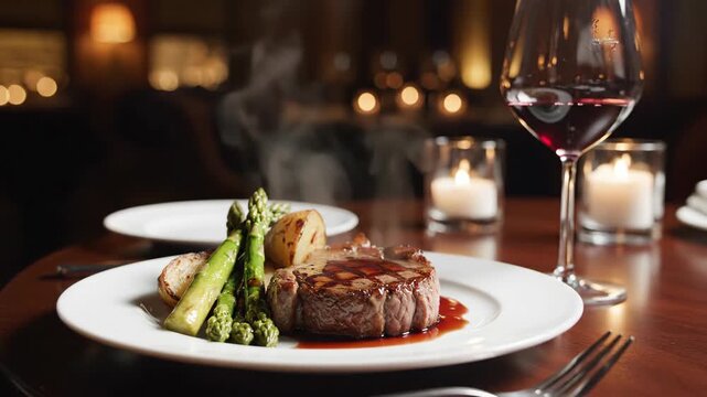 Waiter in white gloves pours sauce onto grilled filet mignon with asparagus and potatoes in candlelit fine dining setting