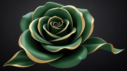 A detailed digital rendering of a rose with emerald petals and gold leaf edges on dark background