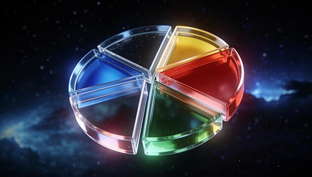 Animated glass pie chart intro with colorful segments and particle effects for data visualization, animation.
