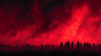 Obraz premium abstract crowd silhouetted against a dark red sky