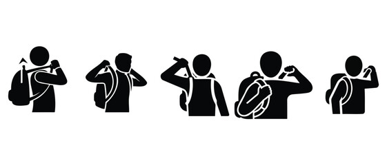  human adjusting backpack strap movement icon, one-arm upward pull motion, shoulder interaction movement, bold black solid vector