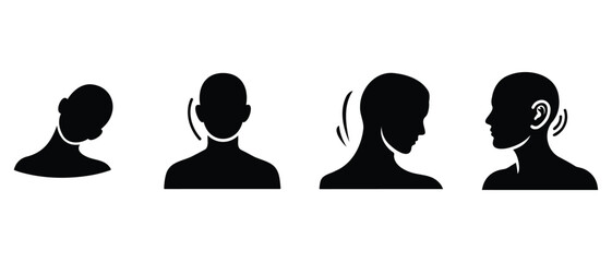 human neck tilt movement icon, slow side-to-side neck release posture, wellness and ergonomics concept, solid black flat vector silhouette