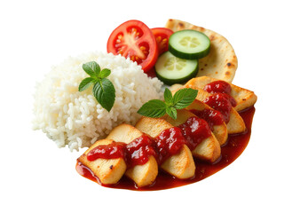 A plate of food with rice, meat, and vegetables