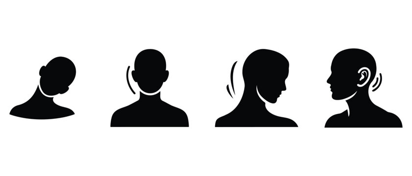 human neck tilt movement icon, slow side-to-side neck release posture, wellness and ergonomics concept, solid black flat vector silhouette