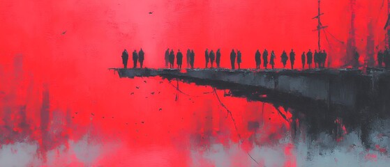 Naklejka premium people stand on a cracked bridge in a red landscape