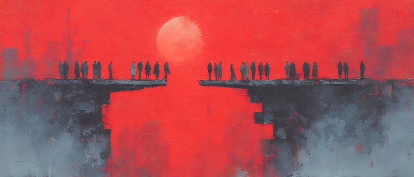 an illustration depicts a broken bridge with people standing on it against a red sky