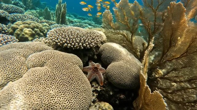 Underwater coral reef scene with diverse brain and fan corals in clear ocean water