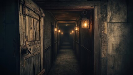 A dimly lit, aged hallway with an open wooden door