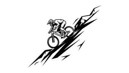A dynamic black and white illustration of a mountain biker descending a steep, rugged mountain trail, showcasing extreme sports and adventure. © morph