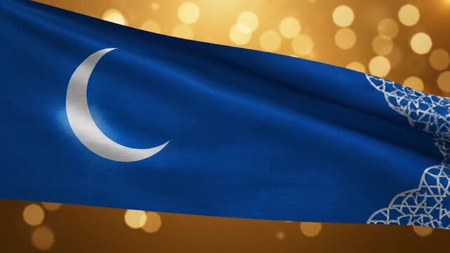 Close-up of a blue flag with a white crescent moon and geometric pattern on a gold bokeh background.