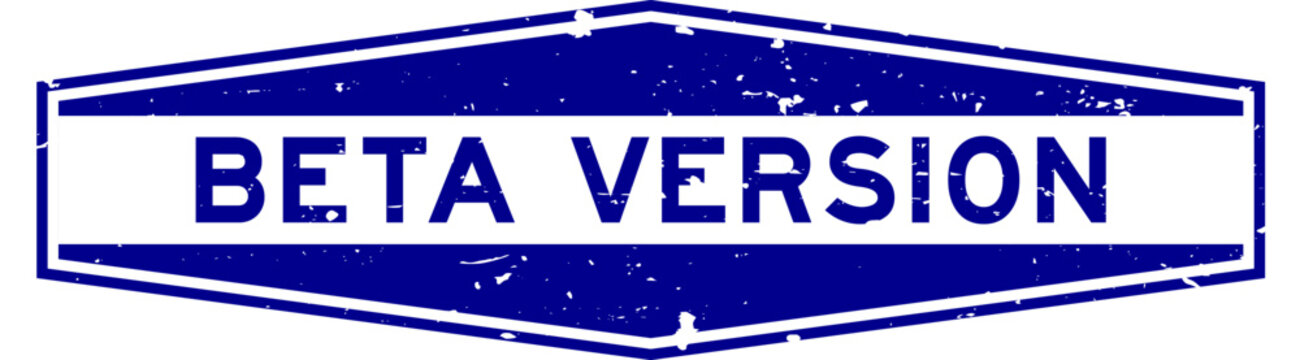 Grunge blue beta version word hexagon rubber seal stamp on white background