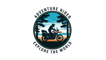 A circular logo featuring an adventure rider on a motorcycle exploring a natural landscape with trees under a blue sky, with text 'Adventure Rider' and 'Explore the World'. © morph