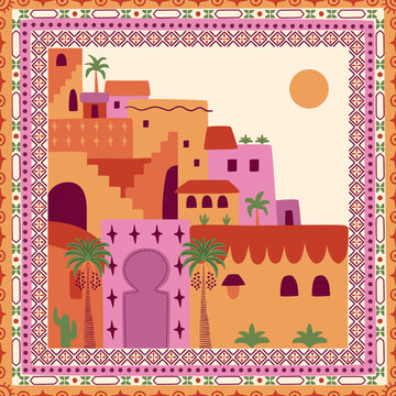 Moroccan city travel square seamless pattern. Tropical scarf, tile design. Geometric Morocco travel print, palms, stripes with Arabic ornament. Summer vector textile design, fabric, textile, wallpaper