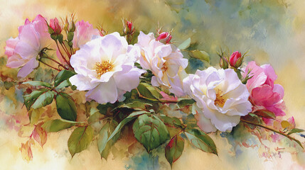 watercolor botanical rose flowers texture template background.Elegant wedding invitation card background . Minimal hand painted Design for wedding or Valentine's Day