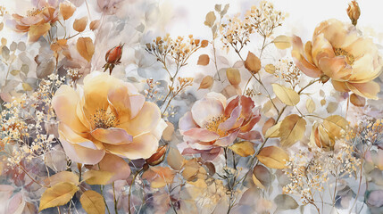 watercolor botanical rose flowers texture template background.Elegant wedding invitation card background . Minimal hand painted Design for wedding or Valentine's Day