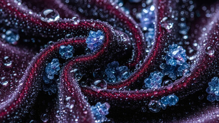 Macro shot of a purple fabric with blue beads and water droplets on a dark background with a cinematic lighting effect.