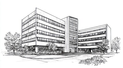 Architectural drawing of a modern office building with landscaping.  Possible use stock photo for architectural design, commercial real estate