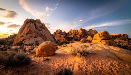 Golden Hour Desert Landscape with Dramatic Rock Formations and Sunset Sky.
