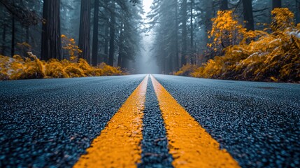 Road winding through California redwood forest with misty trees background, wide angle shot with copy space for travel and nature themes