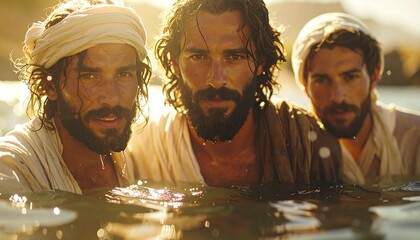 Three Men in Water Religious Scene.