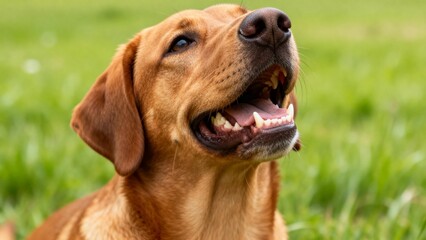 Brown dog with open mouth in grass