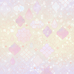 幻想的なモロッカンパターン（ピンク）ー 淡いピンクとラベンダー、ミルキーな光彩が重なり合う、幻想的なモロッカン調パターン。星のきらめきと幾何学模様が上品でやさしい印象を演出します。デザインペーパー、ポストカード、マスキングテープ、マスキングシールブックタイプ、フレークシール、ノートの表紙、ハンカチ、ミニタオル、食器、箸、マグカップ、皿、ペンケース、ポーチに最適。