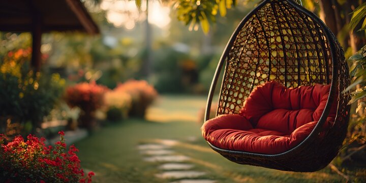 Hanging rattan egg chair with red cushions suspended in a beautiful green garden, backlit by golden sunlight for a dreamy backyard scene.