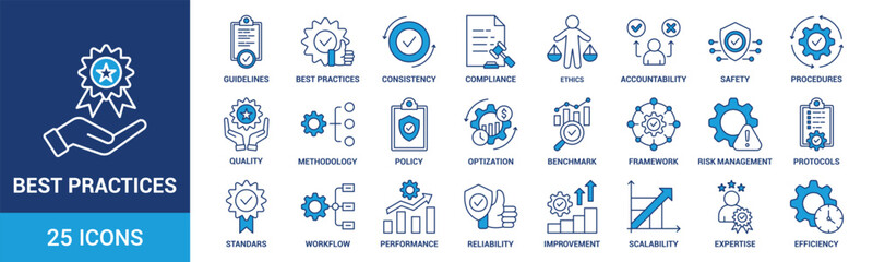 Best Practices icon set. Containing guidelines, consistency, compliance, ethics, accountability, safety, procedures, quality and more. Blue vector icons collection.
