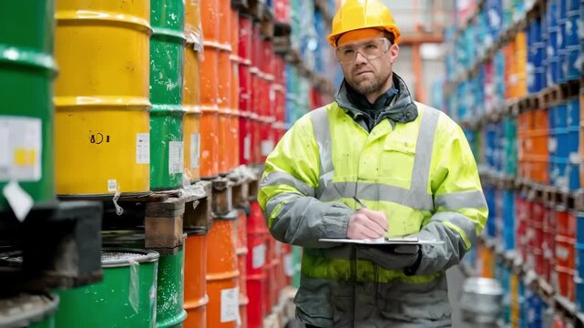 Safety officer inspecting chemical storage containers in a wellorganized hazardous materials facility ensuring compliance with environmental regulations