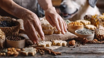 Medium shot of hands shaping homemade gourmet pet biscuits with natural ingredients on a rustic wooden table