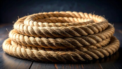 Thick Natural Fiber Rope Coiled on Wooden Surface.