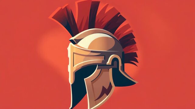 A helmet with red and gold trim is displayed on a red background. The helmet is designed to resemble a Roman soldier's helmet, with a red and gold trim that adds a touch of elegance to the piece