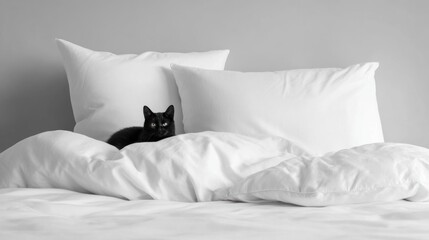 Black cat lying on white bed with pillows in minimal monochrome interior