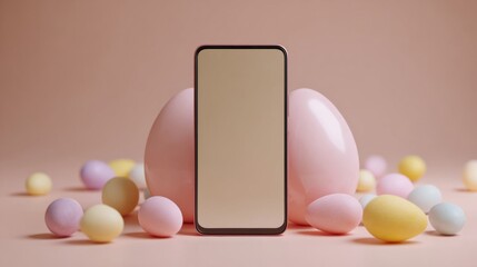 Modern smartphone with blank screen placed upright among large and small pastel colored Easter eggs on a pink backdrop, representing holiday tech and spring celebration.