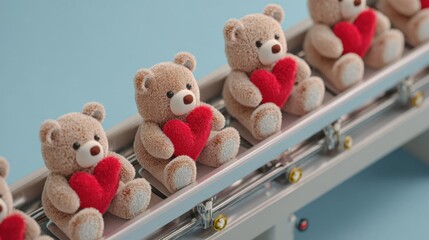 Soft plush teddy bears holding red heart pillows moving along a conveyor belt, representing Valentine Day gift production and cute romantic tokens.