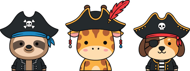 Cute pirate animal faces illustration set with sloth giraffe and dog characters, adorable cartoon captains collection for kids designs and playful nautical flat vector artwork © Mostafijur