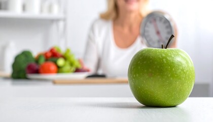 Green Apple with Scale in Kitchen, Healthy Eating Concept.