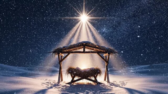 Nativity scene with shining star over manger for Christmas worship visuals, holiday storytelling, and religious background footage