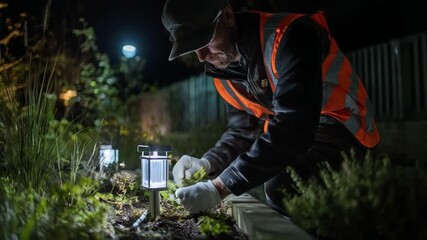 Skilled technician servicing solar garden lights with rechargeable features optimizing power storage to maintain consistent ecoconscious nighttime lighting in a natural setting
