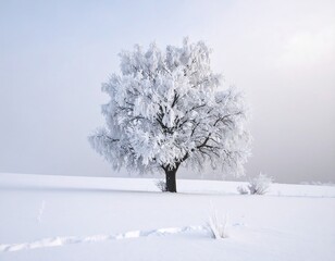 A frosted tree stands alone in a snow-covered field under a pale sky
