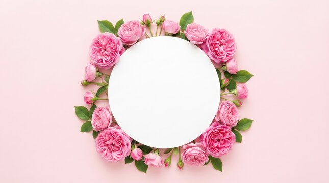 A central blank white circular mockup is framed by beautiful pink english roses arranged on a light pink background and copy space