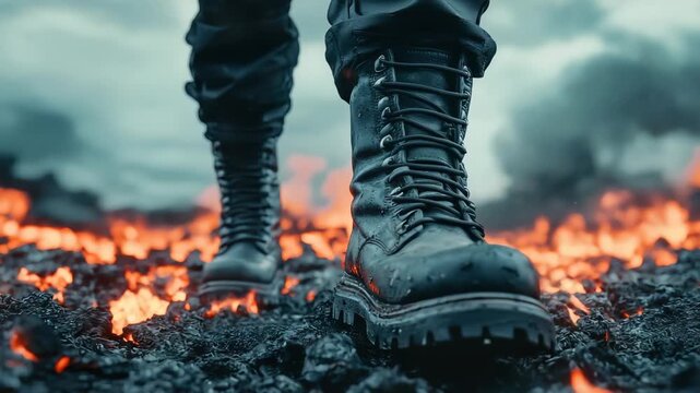 Close up view of heavy duty boots walking over glowing hot embers and dark ground