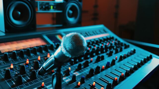 Close up of  professional vocal microphone ready for recording or live performance sound mixing - Powered by Adobe