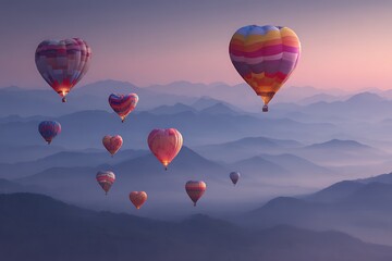 Obraz premium Colorful heart-shaped hot air balloons fly over misty mountain landscape