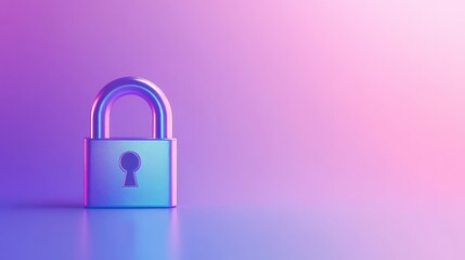 Fototapeta premium Shiny padlock on gradient background symbolizing cloud security for startup landing pages, reflective metal padlock centered on smooth purple pink gradient surface, soft lighting and glossy icon,